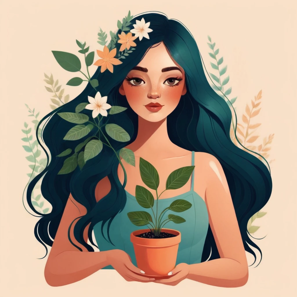 a woman holding a pot with a plant in it, jen bartel, a beautiful artwork illustration, beautiful digital illustration, flowers grow from the body, in style of digital illustration, illustration style, inspired by amy sol, flower goddess, 2d illustration, 2 d illustration, digital art illustration, 2d digital illustration, serene illustration, dreamy illustration, colorful illustration