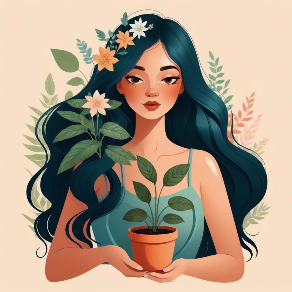 a woman holding a pot with a plant in it, jen bartel, a beautiful artwork illustration, beautiful digital illustration, flowers grow from the body, in style of digital illustration, illustration style, inspired by amy sol, flower goddess, 2d illustration, 2 d illustration, digital art illustration, 2d digital illustration, serene illustration, dreamy illustration, colorful illustration