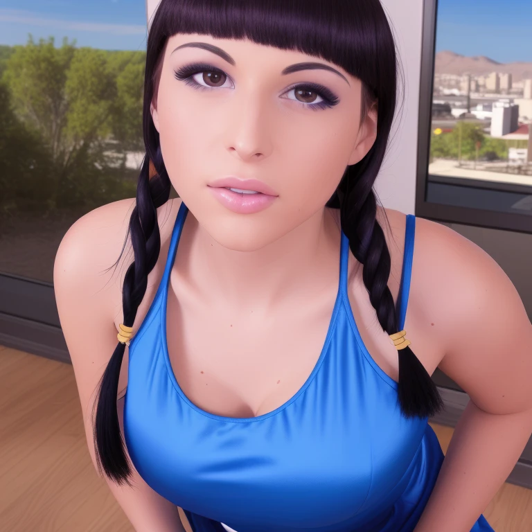 (day:1.7), a city with a lot of buildings and a sky background with clouds in the background and a blue sky, architecture,
Standing at attention, at the roof,
deep cleavage, collarbone, White apron,bare shoulders, 
black Hair,  brown eyes, Bangs, single braid, 
1 girl, 20yo,Young female,Beautiful Finger,Beautiful long legs,Beautiful body,Beautiful Nose,Beautiful character design, perfect eyes, perfect face,expressive eyes,
looking at viewer, in the center of the image,(Upper_body),(close-Up),(Focus on her face),
official art,extremely detailed CG unity 8k wallpaper, perfect lighting,Colorful, Bright_Front_face_Lighting,shiny skin, 
(masterpiece:1.0),(best_quality:1.0), ultra high res,4K,ultra-detailed,
photography, 8K, HDR, highres, absurdres:1.2, Kodak portra 400, film grain, blurry background, bokeh:1.2, lens flare, (vibrant_color:1.2)
(Beautiful,large_Breasts:1.4), (beautiful_face:1.5),(narrow_waist),