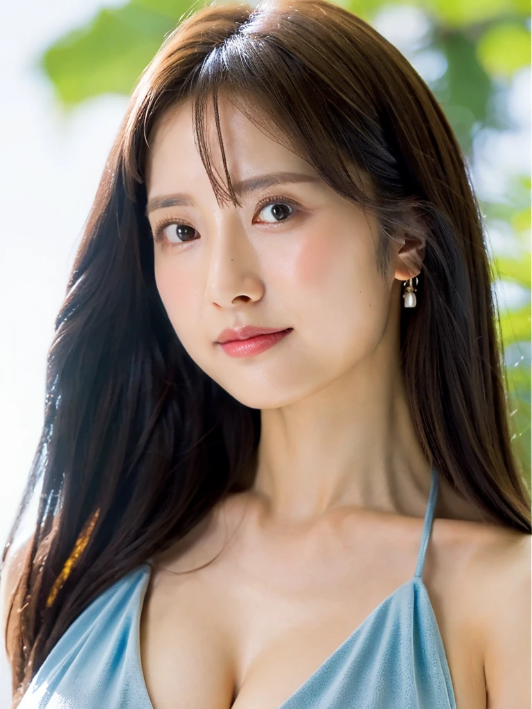 1 girl, national foundation, (White background), ((8k, raw, masterpiece: 1.4)), (Professional photography, sharp:1.2), ((half body photoshoot)), Perfect dynamic composition, (Natural sun light), (soft shadow), (Perfect body:1.4, slim abs:1.2), ((Japanese hairstyle:1.4, gigantic round breasts:1.6)), black medium hair, Ultra-detailed faces and skin, perfect asian, White skin, (Delicate skin:1.4), (latex skin:0.4), (perfect glowing skin:0.6), Shiraki Yuki, light brown eyes, beautiful eyes, round eyes, pretty face, blush, glossy lips, high nose bridge, glossy eyes, Perfectly proportioned face, Really moist skin, Refined expression, Smile gently at the camera, looking at camera, Refined expression, Elegant necklace, Elegant earrings, minimalist, Show cleavage, ((wear blue dress))