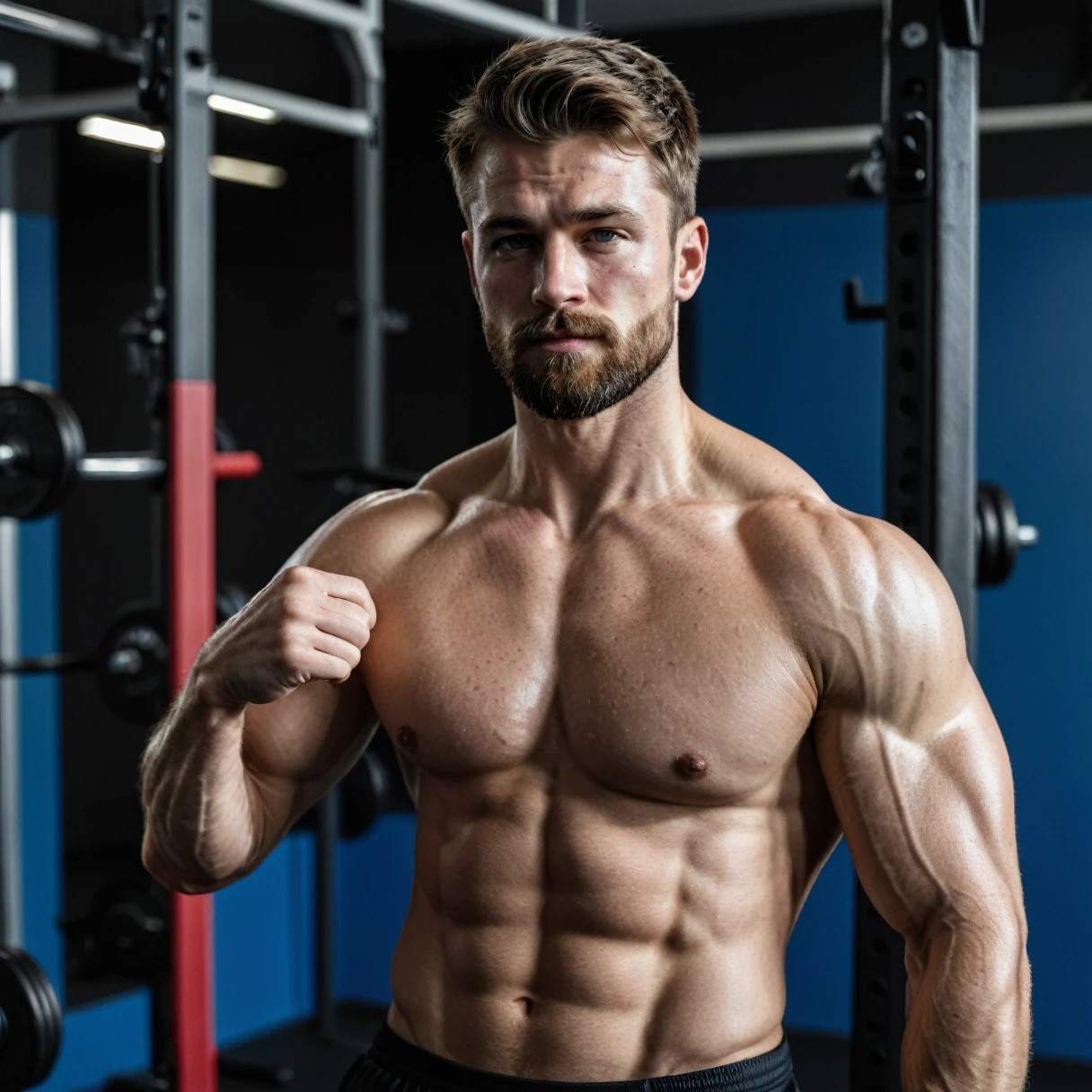 RAW-Foto, close full body portrait of handsome man with beard in sportswear, he shows his muscles in a bodybuilding pose, he is standing in a gym, detailed face, blue eyes, (highly detailed skin:1.2), 8K  UHD, dslr, soft lighting, good quality, film grain, Fujifilm XT3 dappled light on the face, pale skin, Hautporen, oiled, shiny skin, Skin impurities, impure skin, complicated skin details, visible skin detail, detailed skin structure, Blush, folds, Vitiligo spots, moles, Blackheads, Blackheads, white pimples, red pimples, Schönheitsfleck, Hautflaum, [[[[[freckles]]]]] (perfect eyes), ((perfect hands with four fingers and one thumb each))