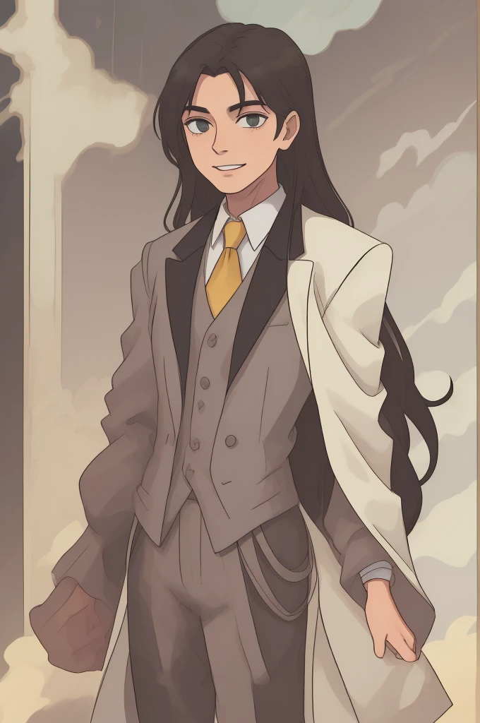 A tall well-built man, older man, with really long straight black hair falling past his shoulders, verdant green steely eyes, older complexion, smiling softly. wearing a grey three-piece suit and tuxedo, embroidered with golden thread and metals, standing in front of a bright yellow sky, standing by himself, smiling onwards, his hands at his side, sticking out from his jacket cuffs
