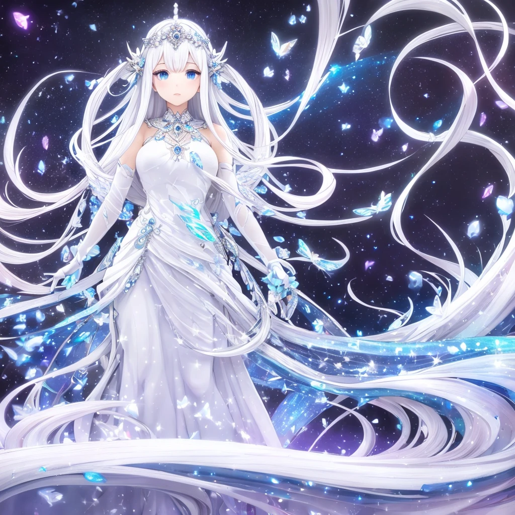 Goddess Soft face cosmic white shining eyes long cosmic bright white hair floating like waves in the air long cosmic bright white dress with cosmic white crystal butterflies 