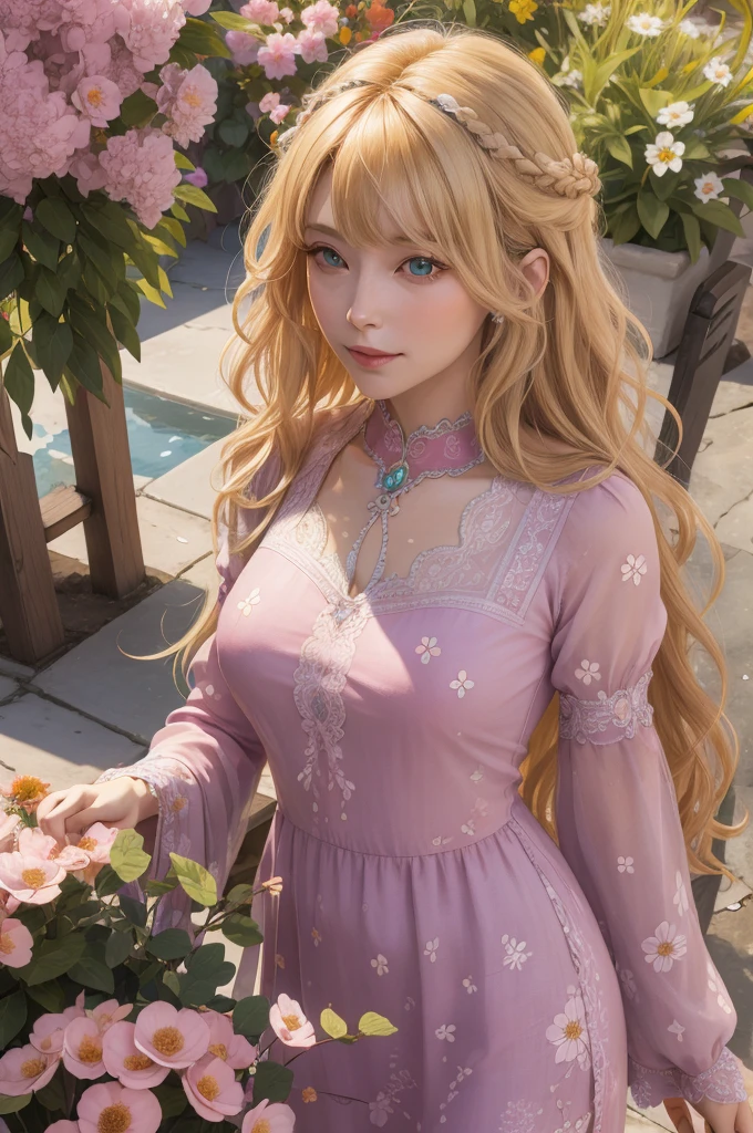 (absurdres, highres, ultra detailed), 1girl, mature female, wavy blonde hair, long hair, blunt bangs, green eyes, pink dress, finely detailed eyes and detailed face, extremely detailed CG unity 8k wallpaper, intricate details, BREAK , kaleidoscopic imagery, symmetrical patterns, vibrant colors, geometric shapes, mesmerizing designs, optical illusions, dynamic composition BREAK , pantomime art, expressive body language, silent storytelling, evocative gestures, visual narratives, theatrical performances BREAK , blooming flowers, colorful petals, fragrant scents, nature's bounty, vibrant gardens, peaceful scenery