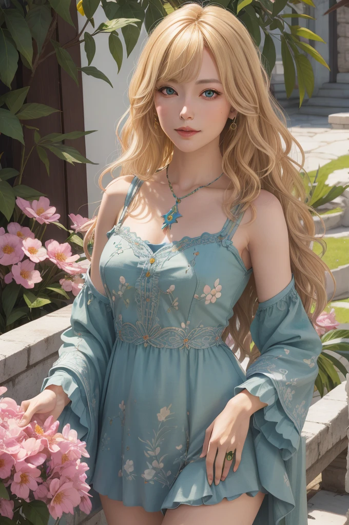 (absurdres, highres, ultra detailed), 1girl, mature female, wavy blonde hair, long hair, blunt bangs, green eyes, pink dress, finely detailed eyes and detailed face, extremely detailed CG unity 8k wallpaper, intricate details, BREAK , kaleidoscopic imagery, symmetrical patterns, vibrant colors, geometric shapes, mesmerizing designs, optical illusions, dynamic composition BREAK , pantomime art, expressive body language, silent storytelling, evocative gestures, visual narratives, theatrical performances BREAK , blooming flowers, colorful petals, fragrant scents, nature's bounty, vibrant gardens, peaceful scenery