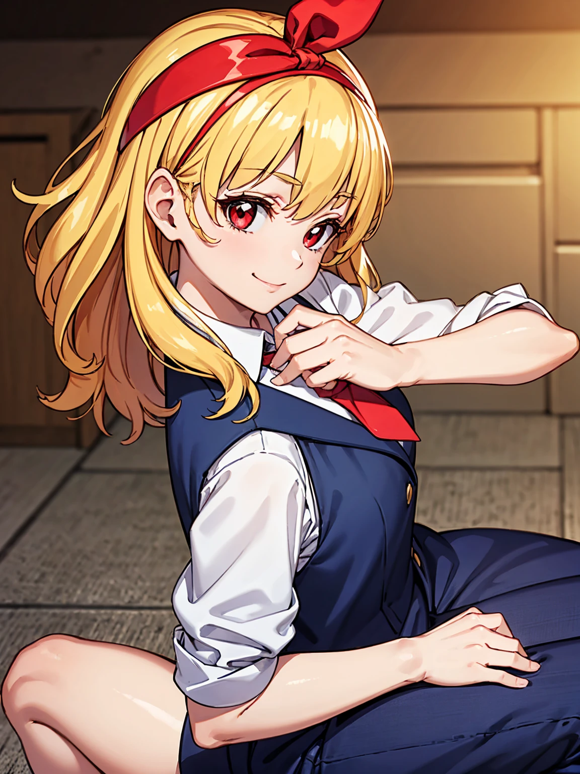 masterpiece, best quality, absurdres,
BREAK,
1 woman, RED eyes, solo, mediu_breasts,
{clear face,Ultra_Smile,HAPPY},
library:1.5, black slacks, black suits vest:1.5,
shiny blonde hair with straight collar,
(RED Ribbon on HAIRband:1.2),BREAK,
white collared shirt, sleeves rolled up:1.5,
BREAK,
red necktie,
{walking|sitting on chair|standing|squatting|hand in pocket|reclining|leaning forward|bent over| hand on own chin| facepalm| breast hold| crossed arms| hands on hips| interlocked fingers| hand on own cheek| head tilt| adjusting necktie| shushing},
{looking at viewer| looking away| looking back},
{ upper body| cowboy shot| feet out of frame |far from viewer | very close to viewers| wide shot}, {dynamic angle|dramatic angle|low angle|cinematic shot|from up side|intense angle|from side|from above| from below|upper body, cowboy shot,