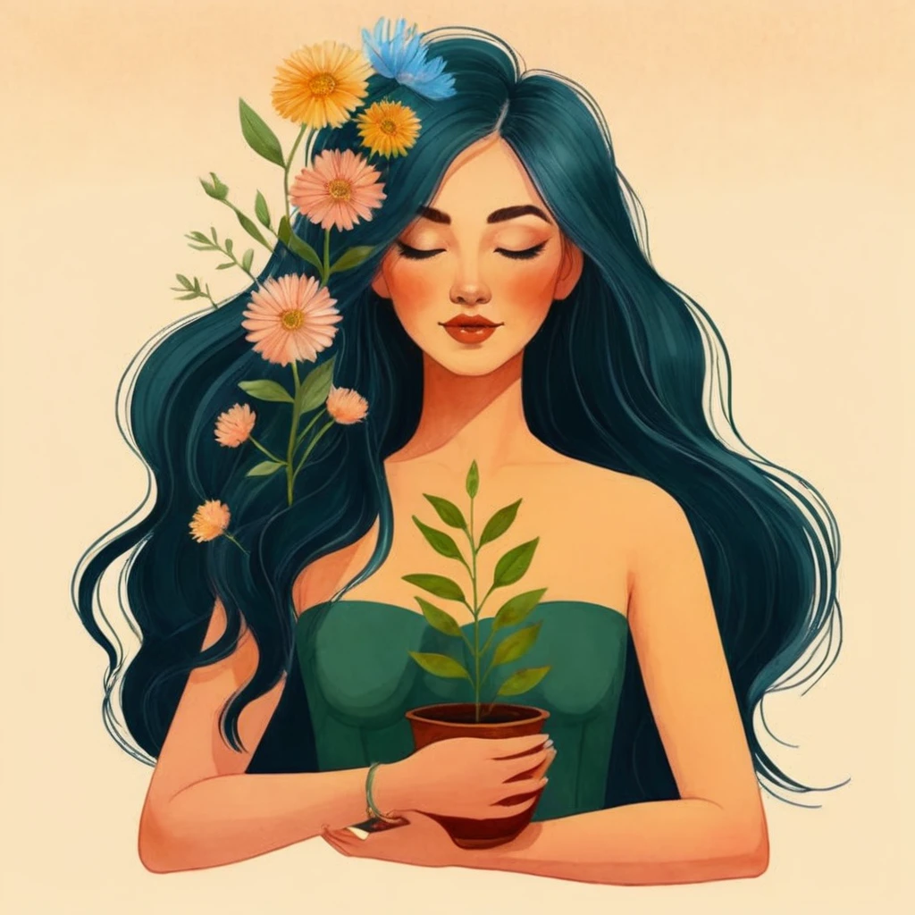 A WATERCOLOR ILLUSTRATION OF A BEAUTIFUL woman holding a vase with a plant, jen bartel, a beautiful art illustration, beautiful digital illustration, flowers grow from the body, in digital illustration style, illustration style, inspired by Amy Sol, goddess of flowers , 2d illustration, 2 d illustration, digital art illustration, 2d digital illustration, serene illustration, dreamy illustration, colorful illustration