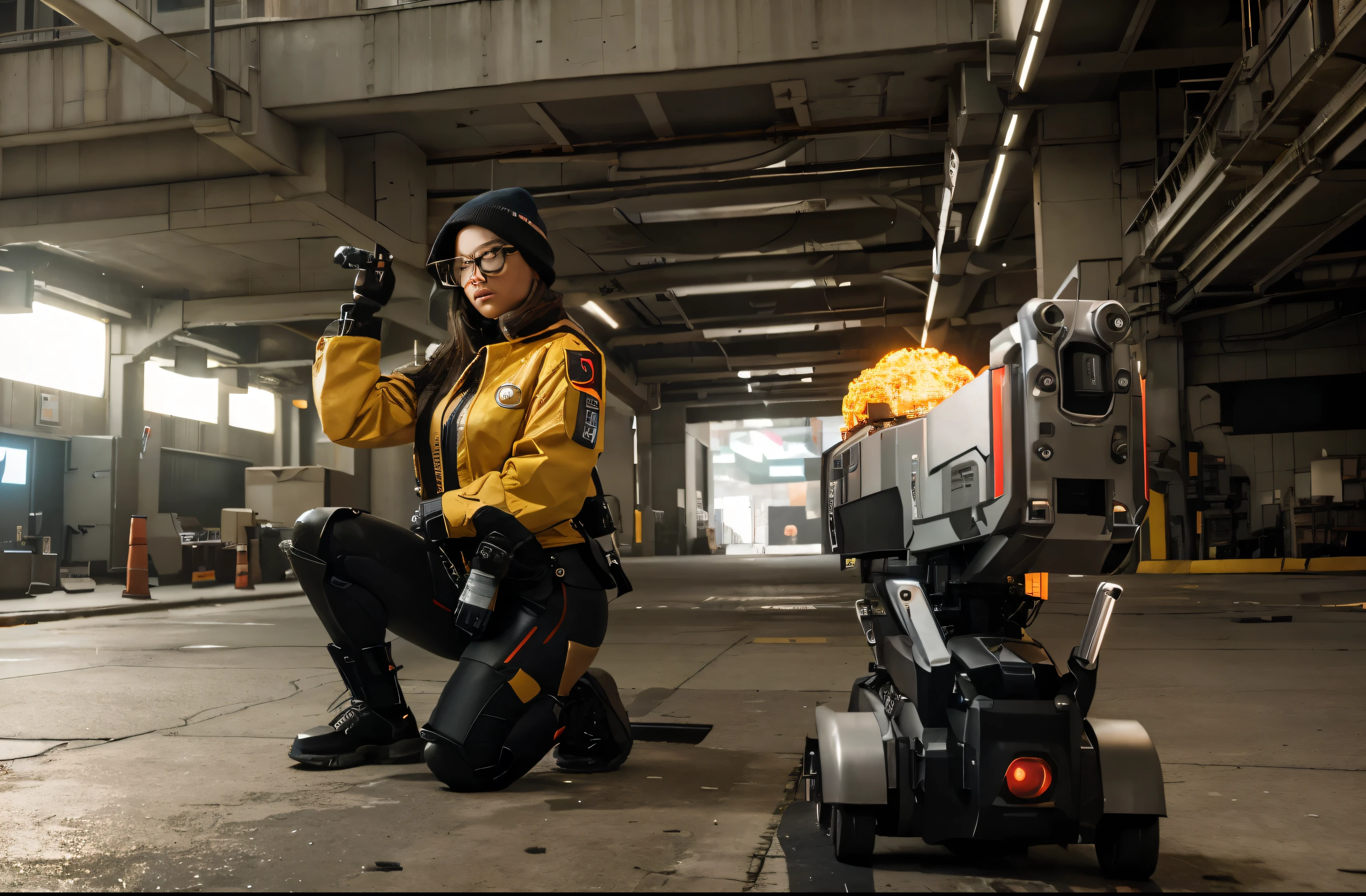 (Best quality, 8k, 32k, Masterpiece, UHD:1.2), "Transform the scene to feature Killjoy from Valorant standing confidently beside her turret mech in a high-tech, futuristic environment. Picture a sprawling, neon-lit cityscape with towering skyscrapers, holographic advertisements, and advanced technology integrated into every aspect of the surroundings.
Killjoy is at the center, exuding her characteristic confidence and tech-savvy persona. She’s dressed in her iconic outfit, complete with her signature beanie, glasses, and a utility jacket filled with gadgets. Her turret mech stands ready beside her, a marvel of engineering with sleek, angular lines and glowing accents.
The setting around them is bustling with activity. Advanced vehicles hover silently along the streets, while drones zip through the air, delivering packages and performing various tasks. The ground is a blend of sleek metallic surfaces and illuminated pathways, reflecting the vibrant lights from above.
Holographic billboards display advertisements and news in vibrant colors, adding to the dynamic atmosphere. Nearby, a digital control panel flickers with data streams, showcasing Killjoy's tech prowess.
The overall scene is a blend of futuristic aesthetics and vibrant energy, highlighting Killjoy's role as a brilliant inventor and strategist in the advanced world of Valorant. Capture the essence of innovation and technological advancement, with Killjoy and her turret mech at the forefront of this high-tech landscape."