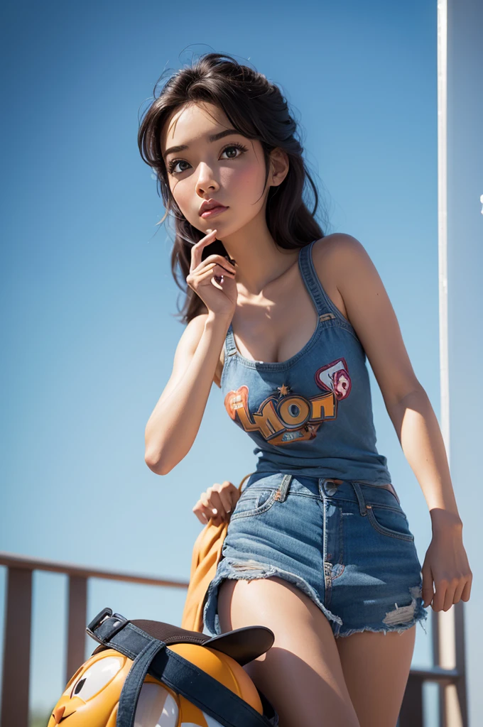 only 1 ukranian young girl (best quality, 4k, 8k, highres, masterpiece:1.2), ultra-detailed, (realistic, photorealistic, photo-realistic:1.37), portrait, wearing casual small cleavage, small chain on neck, black hair, hair band in ponytail, vivid colors, soft lighting, sky and clouds, subtle bokeh, warm color tones, rich girl, red lipstick, earing, round neck style dress, wearing jeans pant, wearing a ring in hand, (low angle, worms eye view)