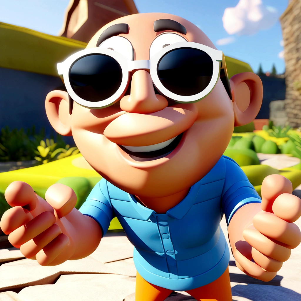 Cartoon character of a man in sunglasses and blue shirt, animation character, stylized character, animation style rendering, 3d stylized, Arnold Maya rendering, Stylized 3D rendering, toon render screenshot, 3d character, 3d character, Stylized 3D rendering, 3D character rendering, cartoon character, Personagem de close up, character posing,  (Pixar-style) (master part:1.2) (bokeh) (best qualityer) (skin detailed) (detailed texture) (8K) (Argilla) (cinematic lighting) (sharp focus