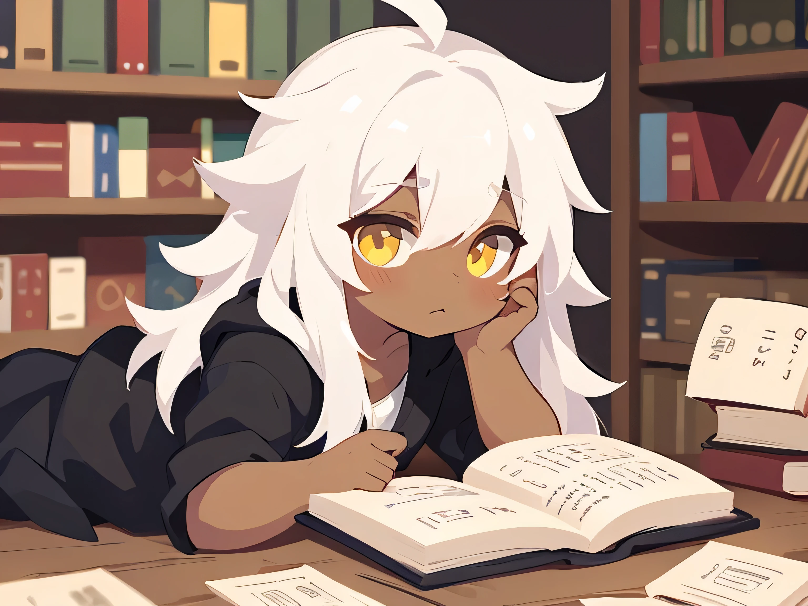 a boy with long white hair, yellow eyes, dark skin, cute, with book, laying, books on background