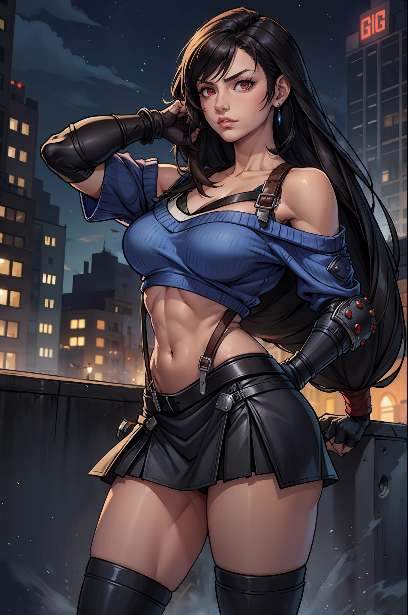 perfect eyes:1.2, detailed eyes:1.4, serious, hand on hip, night, city, metTifa, red eyes, navel, low-tied long hair, earrings, cropped sweater, blue sweater, off-shoulder, short sleeves, suspender skirt, elbow gloves, armored legwear, medium full shot, thigh-level shot, 1girl,(masterpiece:1.6, best quality),