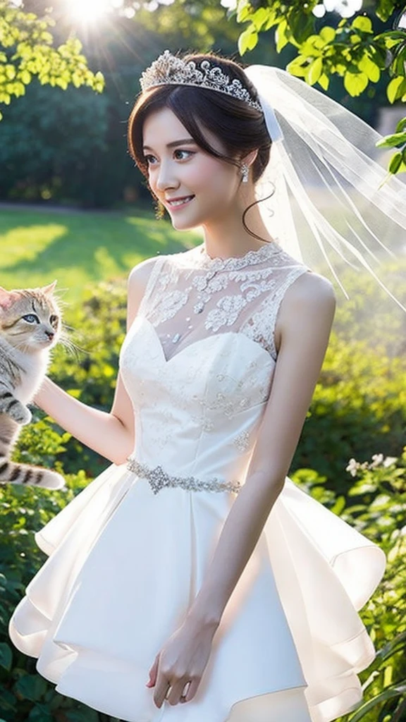 ((best quality)), ((masterpiece)) WEDDING PRINCESS DRESS, light ray, lens flare, white petals, long coated cat, exotic