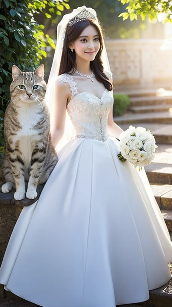 ((best quality)), ((masterpiece)) WEDDING PRINCESS DRESS, light ray, lens flare, white petals, long coated cat, exotic