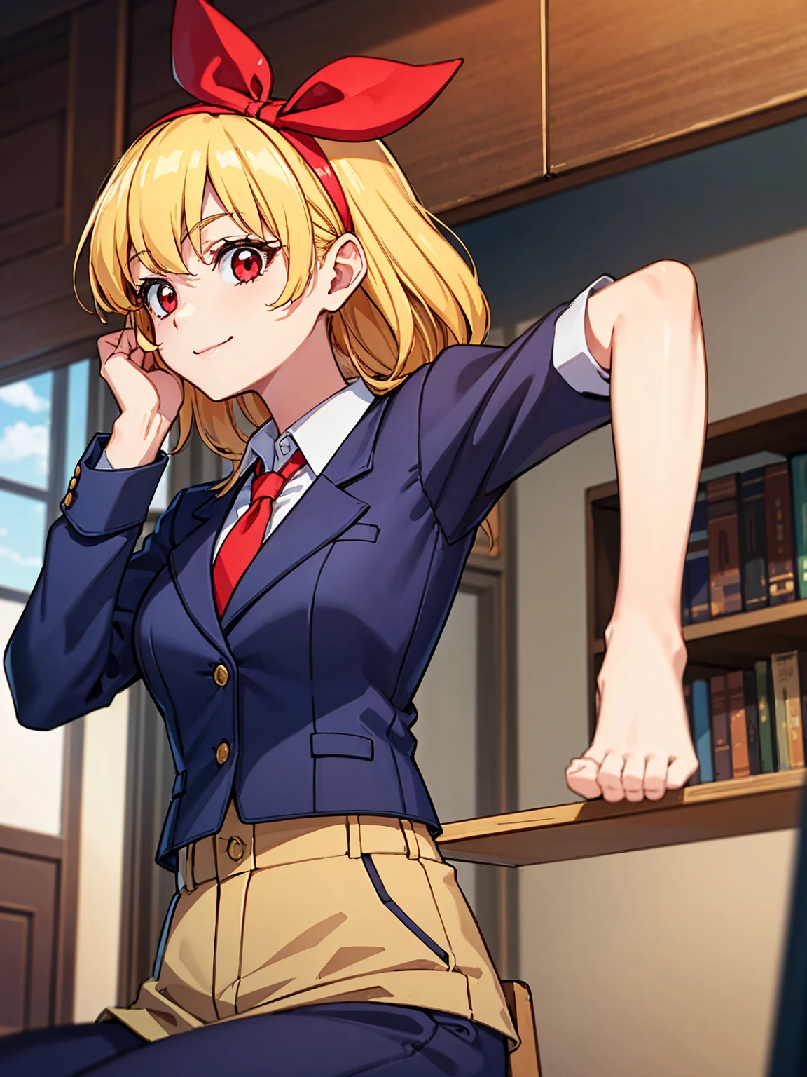 masterpiece, best quality, absurdres,
BREAK,
1 woman, RED eyes, solo, mediu_breasts,
{clear face,Ultra_Smile,HAPPY},
library:1.5, black slacks, black suits vest:1.5,
shiny blonde hair with straight collar,
(RED Ribbon on HAIRband:1.2),BREAK,
white collared shirt, sleeves rolled up:1.5,
BREAK,
red necktie,
{walking|sitting on chair|standing|squatting|hand in pocket|reclining|leaning forward|bent over| hand on own chin| facepalm| breast hold| crossed arms| hands on hips| interlocked fingers| hand on own cheek| head tilt| adjusting necktie| shushing},
{looking at viewer| looking away| looking back},
{ upper body| cowboy shot| feet out of frame |far from viewer | very close to viewers| wide shot}, {dynamic angle|dramatic angle|low angle|cinematic shot|from up side|intense angle|from side|from above| from below|upper body, cowboy shot,