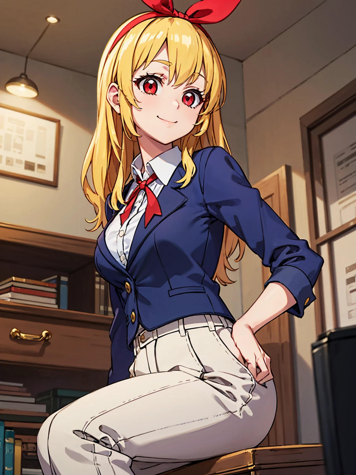 masterpiece, best quality, absurdres,
BREAK,
1 woman, RED eyes, solo, mediu_breasts,
{clear face,Ultra_Smile,HAPPY},
library:1.5, black slacks, black suits vest:1.5,
shiny blonde hair with straight collar,
(RED Ribbon on HAIRband:1.2),BREAK,
white collared shirt, sleeves rolled up:1.5,
BREAK,
red necktie,
{walking|sitting on chair|standing|squatting|hand in pocket|reclining|leaning forward|bent over| hand on own chin| facepalm| breast hold| crossed arms| hands on hips| interlocked fingers| hand on own cheek| head tilt| adjusting necktie| shushing},
{looking at viewer| looking away| looking back},
{ upper body| cowboy shot| feet out of frame |far from viewer | very close to viewers| wide shot}, {dynamic angle|dramatic angle|low angle|cinematic shot|from up side|intense angle|from side|from above| from below|upper body, cowboy shot,