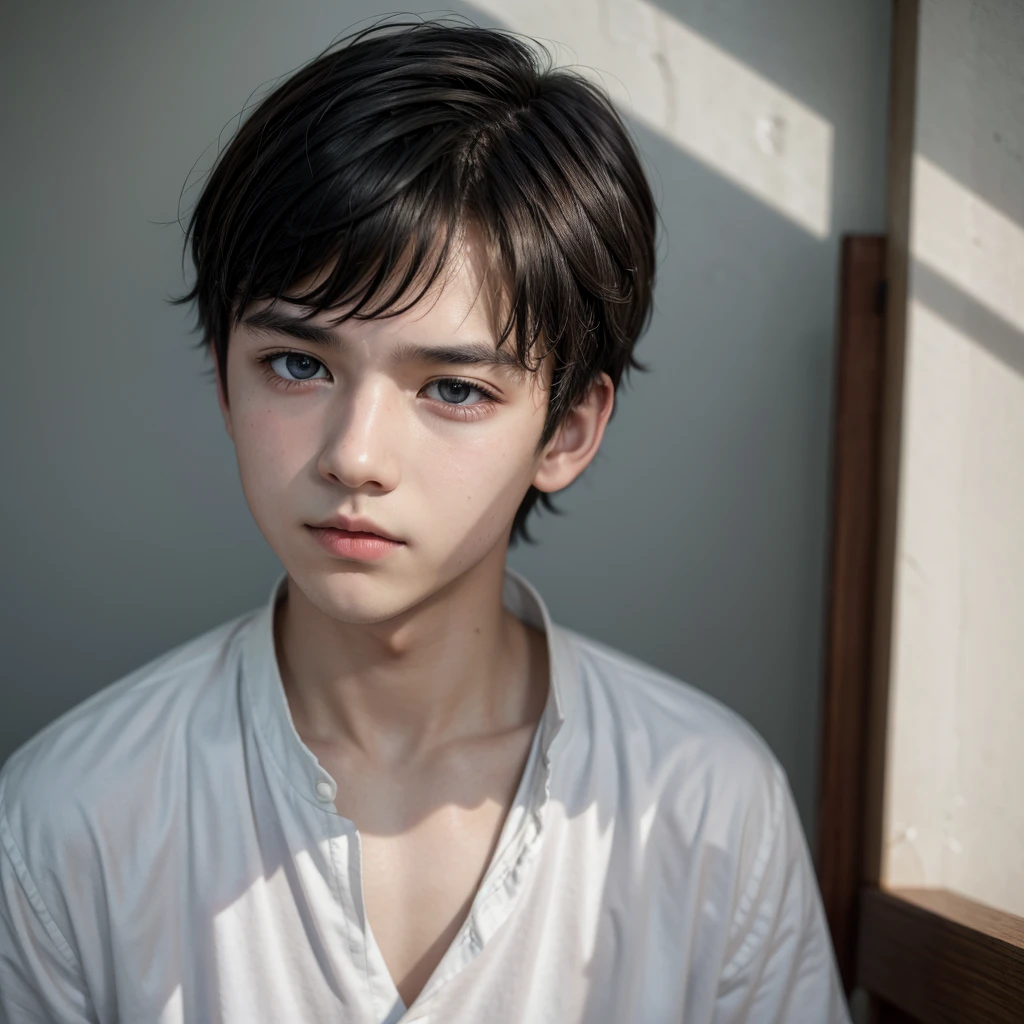 [16 year old boy, black hair, short hair, alone, thinking]