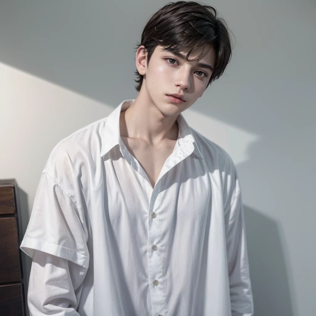 Boy in white clothes, with short hair and super dark eyes