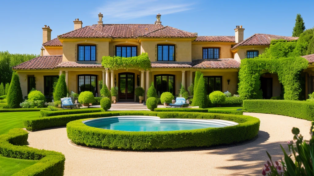 Luxurious country house with garden, , Mexican style on a striking summer day with blue sky. nature, Beautiful residential area house. living room of luxurious house, Real Estate Properties. - High Resolution Image
