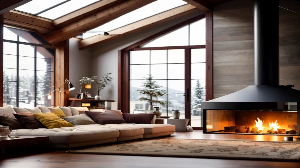 cozy house, With fireplace, Glass window, Carpet on the floor