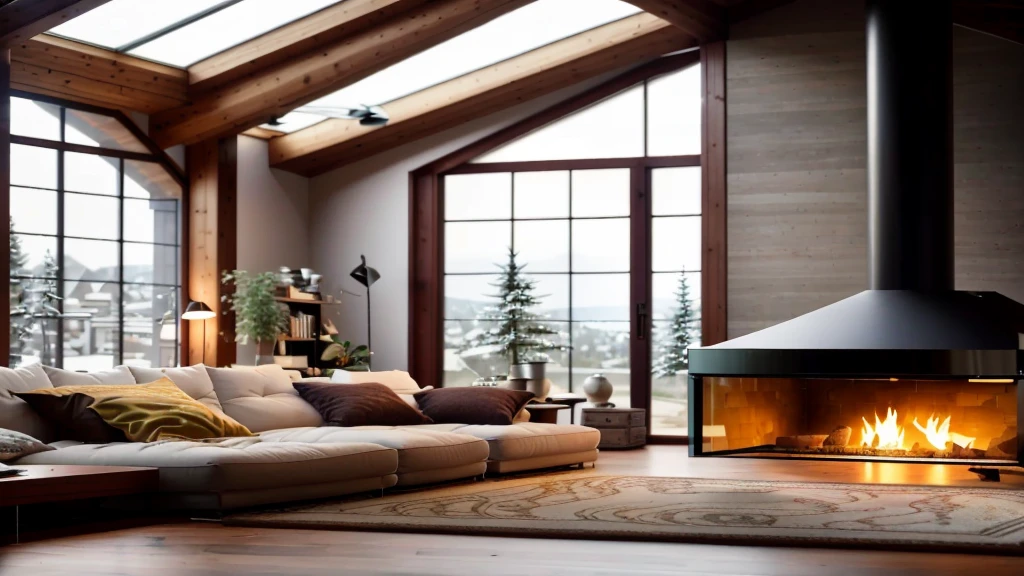 cozy house, With fireplace, Glass window, Carpet on the floor
