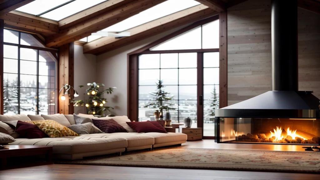 cozy house, With fireplace, Glass window, Carpet on the floor