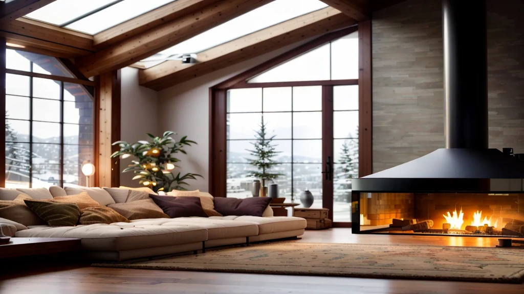 cozy house, With fireplace, Glass window, Carpet on the floor
