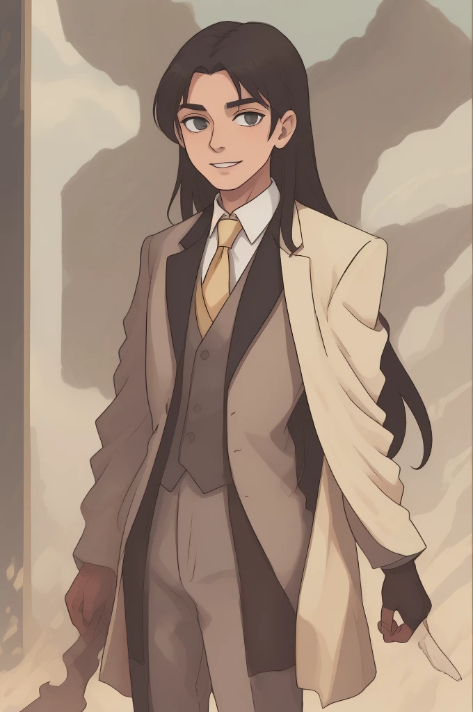 A tall well-built man, older man, with really long straight black hair falling past his shoulders, verdant green steely eyes, older complexion, smiling softly. wearing a grey three-piece suit and tuxedo, embroidered with golden thread and metals, standing in front of a bright yellow sky, standing by himself, smiling onwards, his hands at his side, sticking out from his jacket cuffs