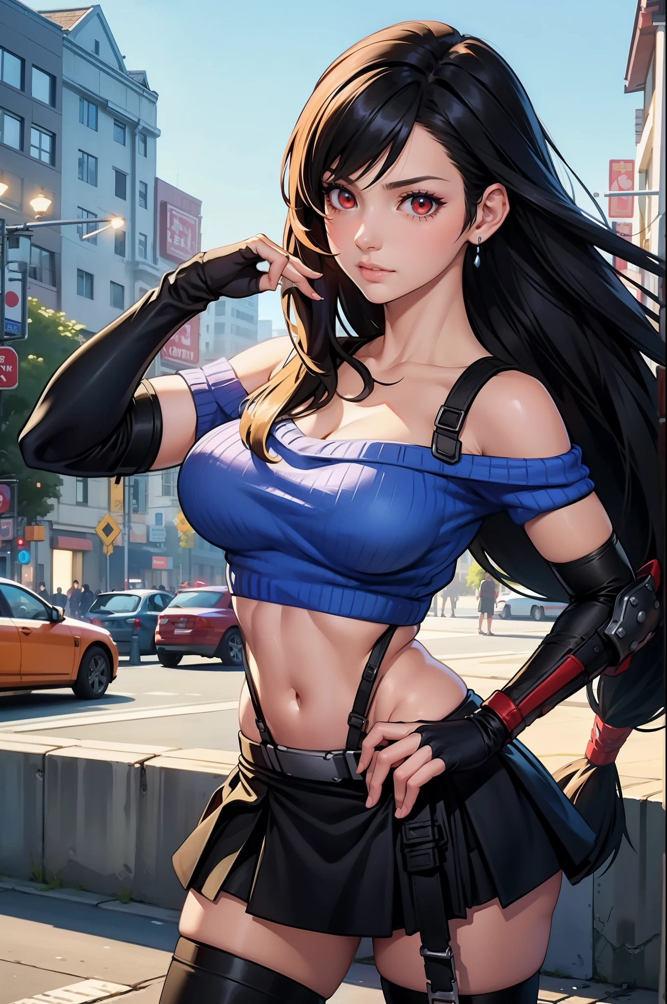 perfect eyes:1.2, detailed eyes:1.4, serious, hand on hip, night, city, metTifa, red eyes, large breasts, low-tied long hair, earrings, cropped sweater, blue sweater, off-shoulder, short sleeves, suspender skirt, elbow gloves, armored legwear, medium full shot, thigh-level shot, 1girl,(masterpiece:1.6, best quality),
