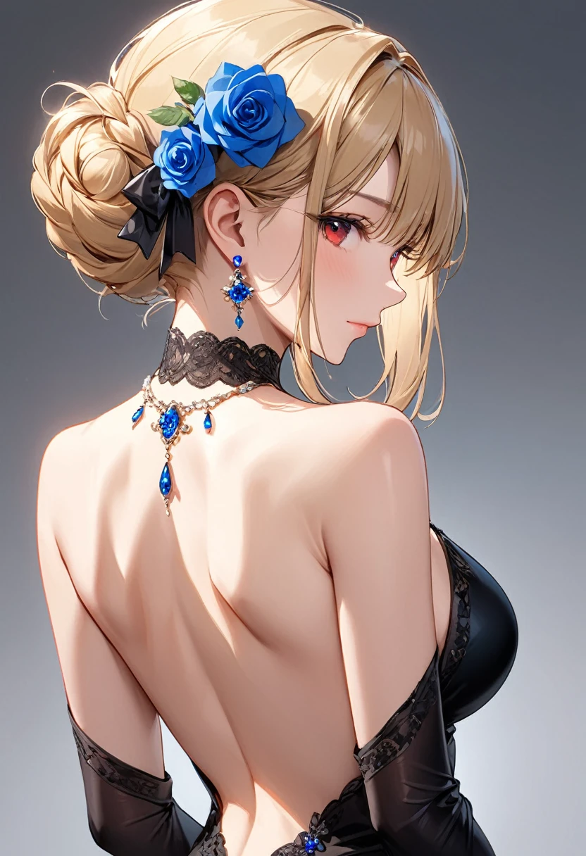 ((Masterpiece)), ((Best Quality)), (Very Detailed), ((Very Detailed)), 4K, (8K), very aesthetic, absurdres highres, 1 female, mature female, perfect anatomy, dress, solo, blonde hair, red eyes, hair ornament, jewelry, earrings, black dress, hair flower, flower, looking back, looking at viewer, breasts, from behind, braid, blue flower, back, grey background, bare shoulders, simple background, sidelocks, detached sleeves, bow, gloves, medium breasts, elbow gloves, hair bun, backless outfit, black bow, necklace, backless dress, closed mouth, rose, single hair bun, shoulder blades, strapless dress, upper body