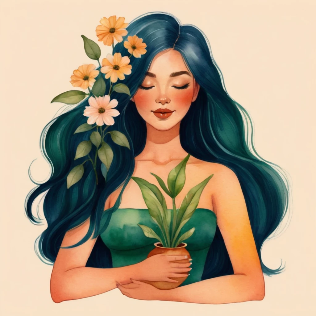 A WATERCOLOR ILLUSTRATION OF A BEAUTIFUL woman holding a vase with a plant, jen bartel, a beautiful art illustration, beautiful digital illustration, flowers grow from the body, in digital illustration style, illustration style, inspired by Amy Sol, goddess of flowers , 2d illustration, 2 d illustration, digital art illustration, 2d digital illustration, serene illustration, dreamy illustration, colorful illustration