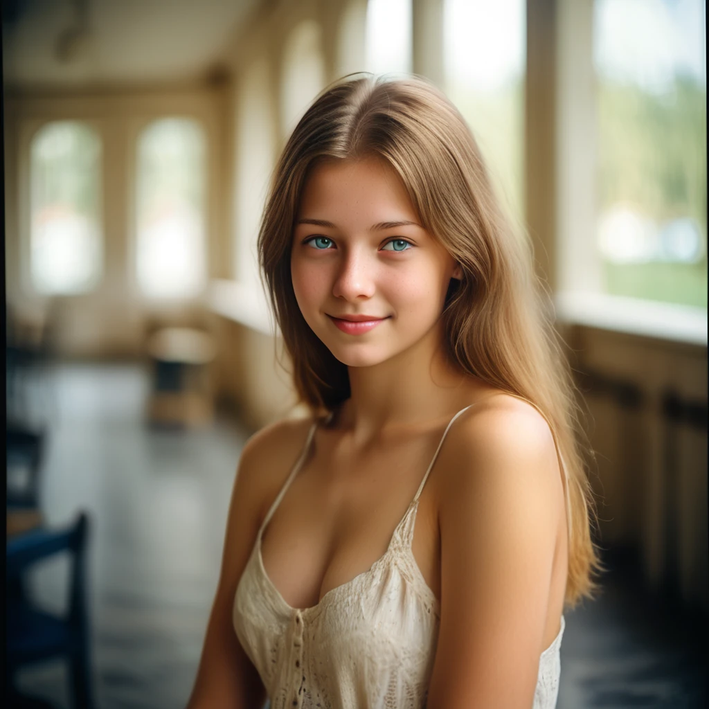 a 20 yo estonian woman tenderly smiling to the camera, delicate light eyes, porcelain soft skin, sweet and harmonious, sublime, 