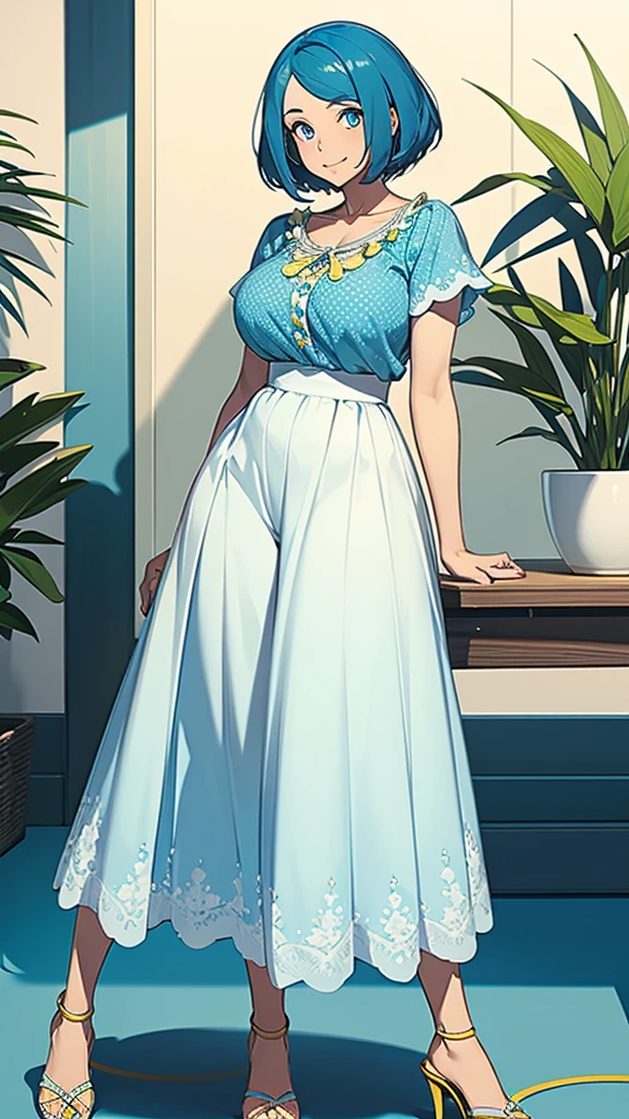 a cute hawaiian girl beautiful beautiful attraction big chest light blue hair short round wearing shell hair her bright blue eye she wears a white shirt yellow lace thread and her skirt blue pants long black heel