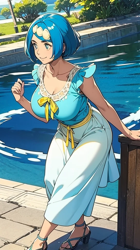 a cute hawaiian girl beautiful beautiful attraction big chest light blue hair short round wearing shell hair her bright blue eye she wears a white shirt yellow lace thread and her skirt blue pants long black heel