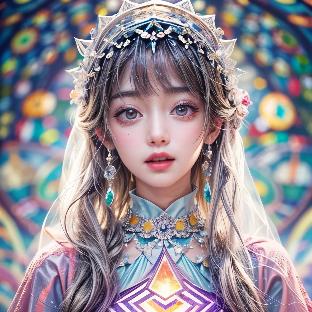 (Masterpiece TopQuality aesthetic Mystic:1.2), ExtremelyDetailed a KAWAII Bride (CloseUp from below:1.28) Radiant PearlSkin with Transparency (Acutance:0.8), (((Detailed NOGIZAKA FaceVariations))), Childish CaptivatingGaze ElaboratePupils with (SparklingHighlights:1.28), DoubleEyelids with (Voluminous LongEyelashes:0.88), Small GlossyRedLips with BeautifulDetails, PUNIPUNI RosyCheeks, Glowing DowneyHair . { (Dynamic Joyful expressions LifeLike Rendering:1.4) | (:d) }  BREAK Background is Filled with Dazzling Blurred StainedGlass (BokeH:1.4) ExtremelyDetailed Elaborate Stained Glass Art, Colored Glass, Lead Line, Light transmission Bright colors, intricate designs, luminous effect, Spiritual atmosphere