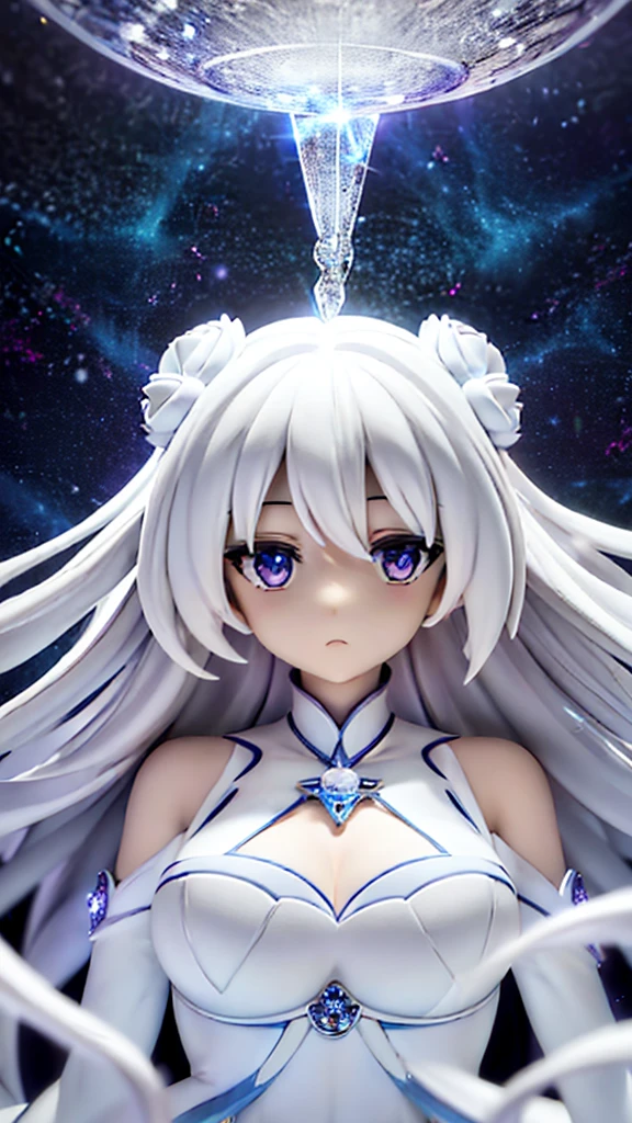 Goddess Soft face cosmic white shining eyes long cosmic bright white hair floating like waves in the air long cosmic bright white dress with cosmic white crystal butterflies 