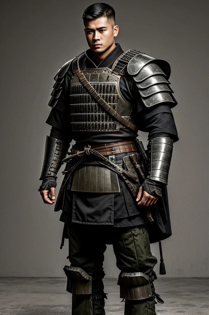 Draw a military man with modern equipment, but inspired by samurai armor 