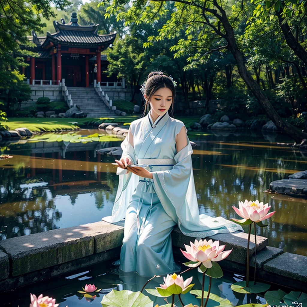 realisticlying, Close-up Shot Shot，The upper part of the body，Complicated details, ultra - detailed, Natural skin texture, 1 girl, Bunched hair，hair-bun，Beautiful Chinese woman wearing white Hanfu robe cloak，faeries，White mist，Golden light，White mist，Outdoors，In Hangzhou West Lake，In ancient Chinese pavilions，（colorful、vividness、rays of sunshine、Cool light：1.2）Lotus leaves in a pond，exquisit facial detail，Dynamic posture，exquisite detailing，Broad perspectives，epic detail ighly detailed，Global illumination - AR 3:2 - Q 5 - V 5.1 - Style RAW - S 750，in the style of influenced by ancient chinese art，complex，high detal，tack sharp focus，dramatic，Photorealistic painting art，Lotus leaf，Spring rain，brightly，llight rays，atmospurate，Bright shades of spring，super detailing，16K，best qualtiy，softlighting，the space，crystal-clear，natural soft light，Surreal photography，