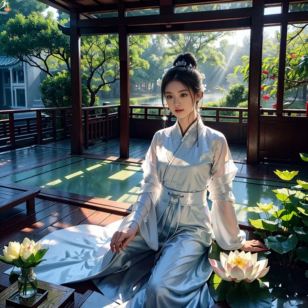 realisticlying, Close-up Shot Shot，The upper part of the body，Complicated details, ultra - detailed, Natural skin texture, 1 girl, Bunched hair，hair-bun，Beautiful Chinese woman wearing white Hanfu robe cloak，faeries，White mist，Golden light，White mist，Outdoors，In Hangzhou West Lake，In ancient Chinese pavilions，（colorful、vividness、rays of sunshine、Cool light：1.2）Lotus leaves in a pond，exquisit facial detail，Dynamic posture，exquisite detailing，Broad perspectives，epic detail ighly detailed，Global illumination - AR 3:2 - Q 5 - V 5.1 - Style RAW - S 750，in the style of influenced by ancient chinese art，complex，high detal，tack sharp focus，dramatic，Photorealistic painting art，Lotus leaf，Spring rain，brightly，llight rays，atmospurate，Bright shades of spring，super detailing，16K，best qualtiy，softlighting，the space，crystal-clear，natural soft light，Surreal photography，