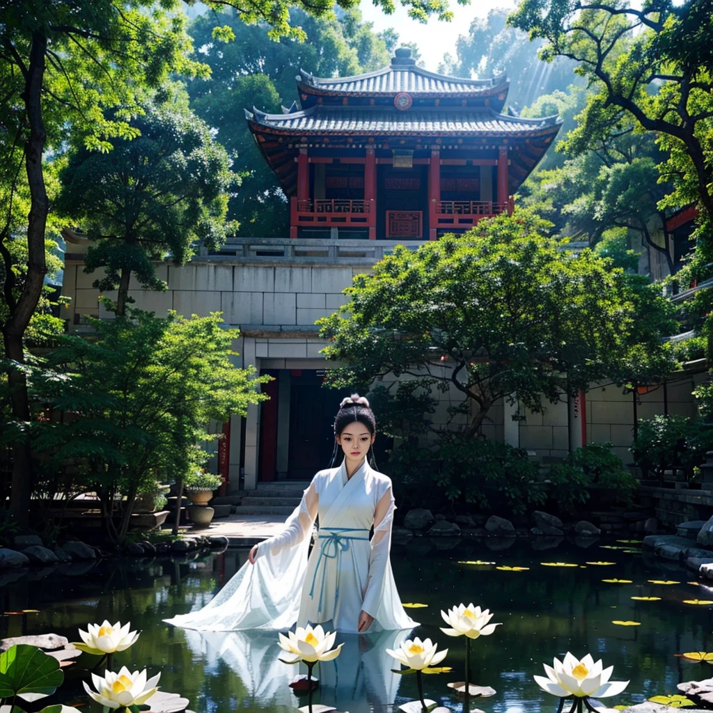 realisticlying, Close-up Shot Shot,The upper part of the body,Complicated details, ultra - detailed, Natural skin texture, 1 girl, Bunched hair,hair-bun,Beautiful Chinese woman wearing white Hanfu robe cloak,faeries,White mist,Golden light,White mist,Outdoors,In Hangzhou West Lake,In ancient Chinese pavilions,(colorful、vividness、rays of sunshine、Cool light:1.2)Lotus leaves in a pond,exquisit facial detail,Dynamic posture,exquisite detailing,Broad perspectives,epic detail ighly detailed,Global illumination - AR 3:2 - Q 5 - V 5.1 - Style RAW - S 750,in the style of influenced by ancient chinese art,complex,high detal,tack sharp focus,dramatic,Photorealistic painting art,Lotus leaf,Spring rain,brightly,llight rays,atmospurate,Bright shades of spring,super detailing,16K,best qualtiy,softlighting,the space,crystal-clear,natural soft light,Surreal photography,
