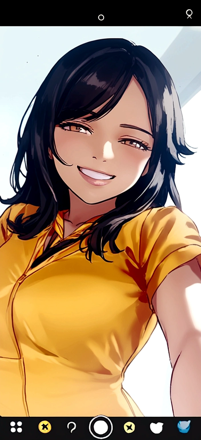 Young woman with attractive look happy smile black hair and in yellow clothes