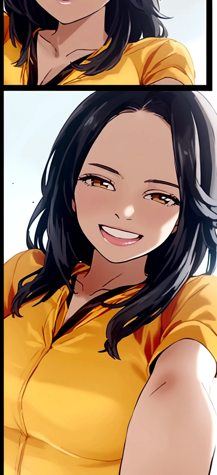 Young woman with attractive look happy smile black hair and in yellow clothes