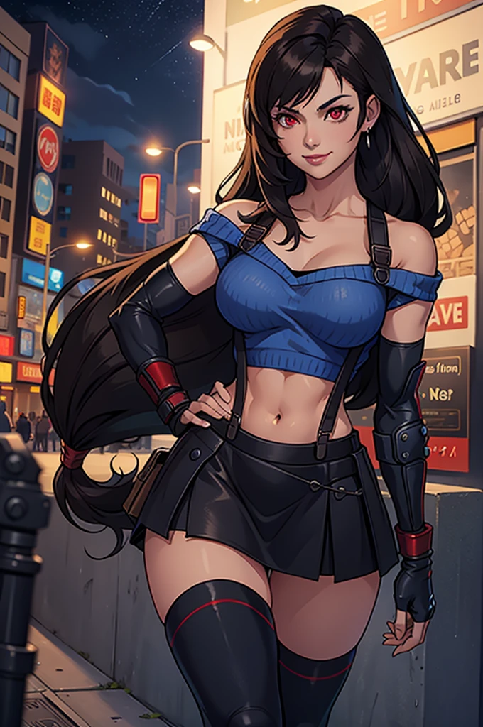 perfect eyes:1.2, detailed eyes:1.4, smile, hand on hip, night, city, metTifa, red eyes, navel, low-tied long hair, earrings, cropped sweater, blue sweater, off-shoulder, short sleeves, suspender skirt, elbow gloves, armored legwear, medium full shot, thigh-level shot, 1girl,(masterpiece:1.6, best quality),