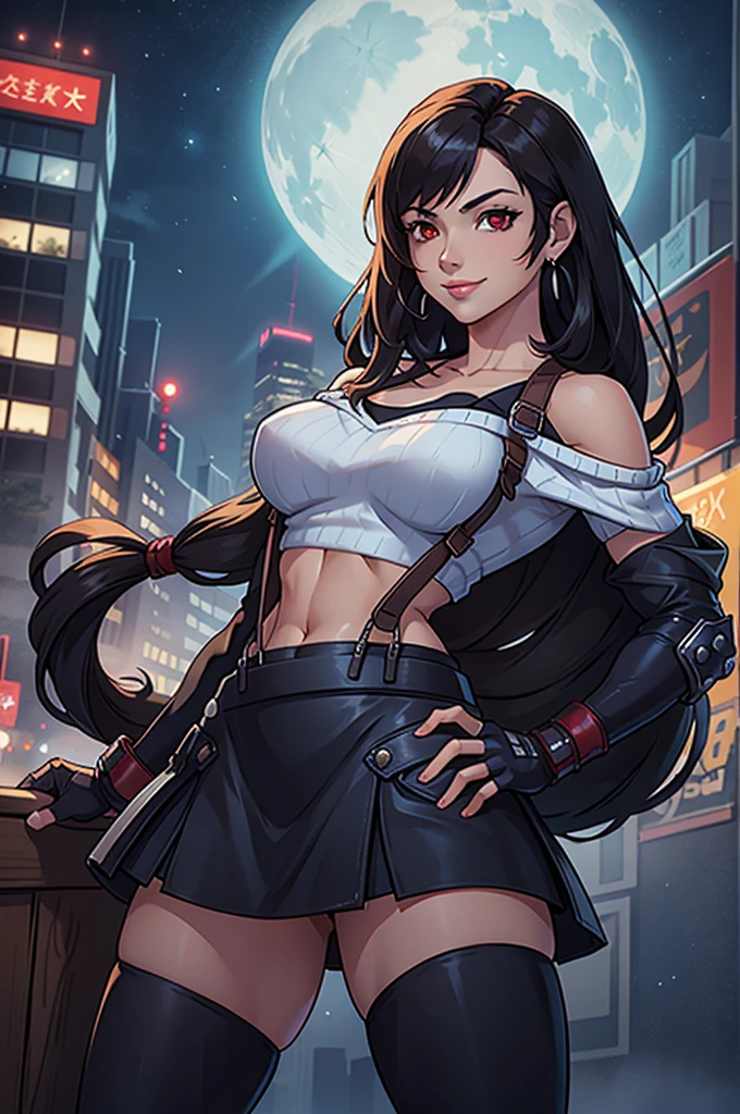 perfect eyes:1.2, detailed eyes:1.4, smile, hand on hip, night, city, metTifa, red eyes, navel, low-tied long hair, earrings, cropped sweater, blue sweater, off-shoulder, short sleeves, suspender skirt, elbow gloves, armored legwear, medium full shot, thigh-level shot, 1girl,(masterpiece:1.6, best quality),