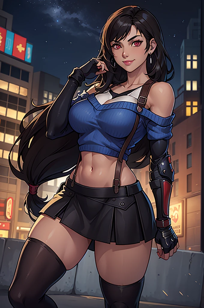 perfect eyes:1.2, detailed eyes:1.4, smile, hand on hip, night, city, metTifa, red eyes, navel, low-tied long hair, earrings, cropped sweater, blue sweater, off-shoulder, short sleeves, suspender skirt, elbow gloves, armored legwear, medium full shot, thigh-level shot, 1girl,(masterpiece:1.6, best quality),