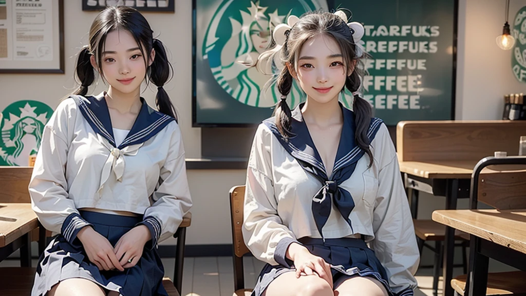 (masterpiece:1.2, Highest quality), (Realistic, photoRealistic:1.4), Beautiful illustrations,
View your viewers, avert your eyes, whole body,
1 Girl, Japanese, high school girl, (Long Hair:1.4), bLong Hair, (Twin tails:1.7), Large Breasts:0.8, White skin、Beautiful Hair, Beautiful Face, Beautiful attention to detail, Beautiful clavicle, Beautiful body, Beautiful breasts, Beautiful thighs, Beautiful feet,
(Beautiful views), , classroom, machine, Chair,
((cute , Long sleeve, Pleated skirt, Sailor collar, scarf)), White panties, shoes,
Sitting, Chairに座る,
(魅惑的なsmile, Embarrassing, Trembling),
(((((Inside the Starbucks store、16 year old girl in sailor suit)))))、((((Eat cake、Drink coffee、smile))))、Heart Necklace
(((Emphasize cleavage)))
(whole body写真)