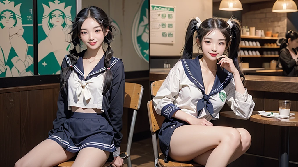 (masterpiece:1.2, Highest quality), (Realistic, photoRealistic:1.4), Beautiful illustrations,
View your viewers, avert your eyes, whole body,
1 Girl, Japanese, high school girl, (Long Hair:1.4), bLong Hair, (Twin tails:1.7), Large Breasts:0.8, White skin、Beautiful Hair, Beautiful Face, Beautiful attention to detail, Beautiful clavicle, Beautiful body, Beautiful breasts, Beautiful thighs, Beautiful feet,
(Beautiful views), , classroom, machine, Chair,
((cute , Long sleeve, Pleated skirt, Sailor collar, scarf)), White panties, shoes,
Sitting, Chairに座る,
(魅惑的なsmile, Embarrassing, Trembling),
(((((Inside the Starbucks store、16 year old girl in sailor suit)))))、((((Eat cake、Drink coffee、smile))))、Heart Necklace
(((Emphasize cleavage)))
(whole body写真)