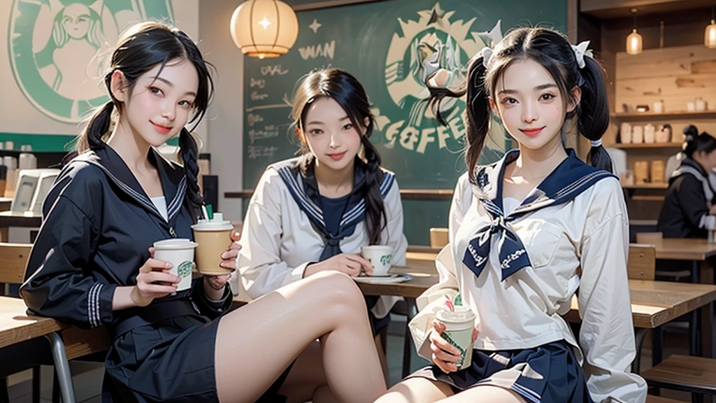 (masterpiece:1.2, Highest quality), (Realistic, photoRealistic:1.4), Beautiful illustrations,
View your viewers, avert your eyes, whole body,
1 Girl, Japanese, high school girl, (Long Hair:1.4), bLong Hair, (Twin tails:1.7), Large Breasts:0.8, White skin、Beautiful Hair, Beautiful Face, Beautiful attention to detail, Beautiful clavicle, Beautiful body, Beautiful breasts, Beautiful thighs, Beautiful feet,
(Beautiful views), , classroom, machine, Chair,
((cute , Long sleeve, Pleated skirt, Sailor collar, scarf)), White panties, shoes,
Sitting, Chairに座る,
(魅惑的なsmile, Embarrassing, Trembling),
(((((Inside the Starbucks store、16 year old girl in sailor suit)))))、((((Eat cake、Drink coffee、smile))))、Heart Necklace
(((Emphasize cleavage)))
(whole body写真)