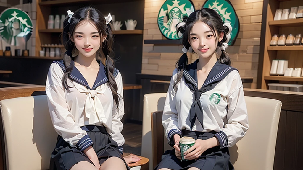 (masterpiece:1.2, Highest quality), (Realistic, photoRealistic:1.4), Beautiful illustrations, 
View your viewers, avert your eyes, whole body,
1 Girl, Japanese, high school girl, (Long Hair:1.4), bLong Hair, (Twin tails:1.7), Large Breasts:0.8, White skin、Beautiful Hair, Beautiful Face, Beautiful attention to detail, Beautiful clavicle, Beautiful body, Beautiful breasts, Beautiful thighs, Beautiful feet, 
(Beautiful views), , classroom, machine, Chair, 
((cute , Long sleeve, Pleated skirt, Sailor collar, scarf)), White panties, shoes, 
Sitting, Chairに座る, 
(魅惑的なsmile, Embarrassing, Trembling),

(((((Inside the Starbucks store、16 year old girl in sailor suit)))))、((((Eat cake、Drink coffee、smile))))、Heart Necklace
(((Emphasize cleavage)))
(whole body写真)
