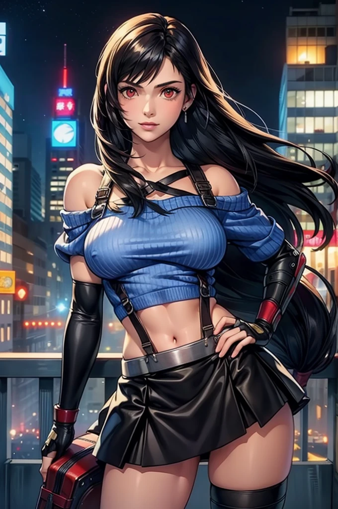 perfect eyes:1.2, detailed eyes:1.4, serious, hand on hip, night, city, metTifa, red eyes, large breasts, low-tied long hair, earrings, cropped sweater, blue sweater, off-shoulder, short sleeves, suspender skirt, elbow gloves, armored legwear, medium full shot, thigh-level shot, 1girl,(masterpiece:1.6, best quality),
